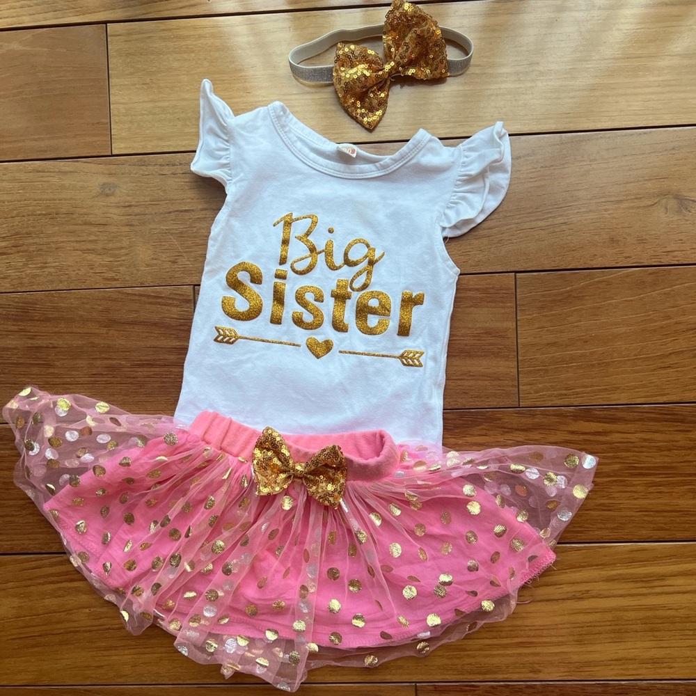 “Big Sister” Announcement Outfit Cutest Boutique Shirt Skirt Bow Set 24M